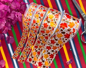 Cinta de satén estampada con hojas de otoño, 20 mm, 25 mm, 38 mm, 50 mm. Cinta de poliéster para envolver regalos, flores, coronas, lazos para el cabello y costura.