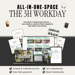 Könnte beinhalten: Werbebild mit dem Text "ALL-IN-ONE-SPACE THE 3H WORKDAY". Es zeigt einen Laptop, ein Tablet, ein Telefon und gedruckte Dokumente. Der Text "You don't need more hours - you need a system that respects the hours you have." ist ebenfalls vorhanden.