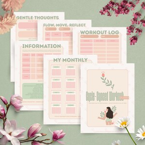 May include: A set of printable planner pages in pastel pink and green. The pages feature sections for gentle thoughts, workout logs, and monthly calendars. One page displays the text "Cycle-Synced Workout" and an illustration.