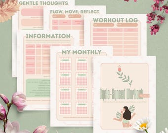 May include: A set of printable planner pages in pastel pink and green. The pages feature sections for gentle thoughts, workout logs, and monthly calendars. One page displays the text "Cycle-Synced Workout" and an illustration.