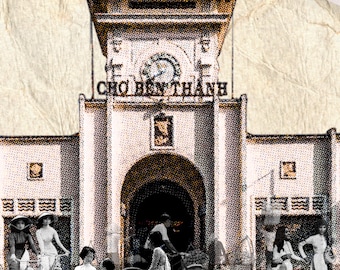 Póster de viaje vintage de Saigón, mercado de Ben Thanh, arte mural imprimible, impresión de la ciudad de Vietnam