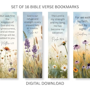 May include: A set of 16 Bible verse bookmarks featuring floral watercolor illustrations of wildflowers and grasses. Each bookmark displays a unique scripture passage, including Matthew 6:33, Psalm 46:1, Psalm 118:14, and 2 Corinthians 5:7, with text reading SET OF 16 BIBLE VERSE BOOKMARKS DIGITAL DOWNLOAD.