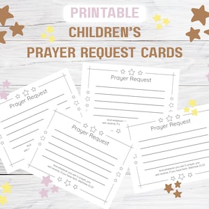 Pode incluir: Cartões de pedido de oração para crianças imprimíveis. Os cartões são brancos com uma borda preta e as palavras "Prayer Request" no topo. Cada cartão tem linhas para escrever e decorações de estrelas. O texto "And whatever you ask in prayer, you will receive, if you have faith. Matthew 21:22" também está incluído.
