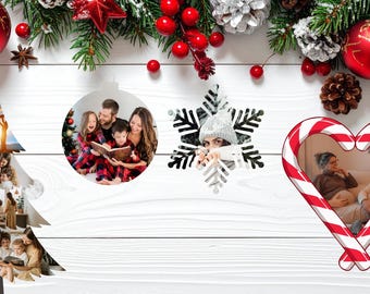 May include: A Christmas photo frame bundle featuring a tree, circle, snowflake, and heart shapes, each holding a family photo. The frames are adorned with festive decorations like baubles, pine needles, and berries. The text "Christmas Photo Frame Bundle" is visible.