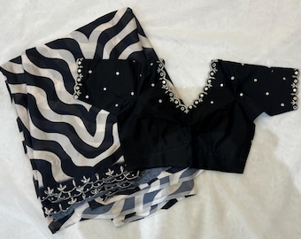 Black & White Saree: Mirror Work Indian Wedding Party Outfit