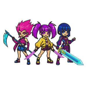 May include: Embroidered design featuring three anime-style characters with vibrant hair and outfits. Each character holds a weapon: a scythe, two swords, and a sword. The characters are in a dynamic pose, ready for action.