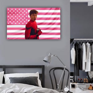 以下が含まれることがあります： ピンクと白のアメリカ国旗のデザインと、赤と黒のコスチュームを着た人物の肖像画が描かれた長方形のウォールアート。その人物は口を開けて、こちらを見ています。