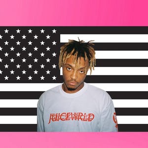 Tapisserie drapeau américain noir et blanc Juice WRLD | Art mural rappeur | Décoration de chambre hip-hop | Suspension murale pour dortoir WRLD Juice | 999 Vive le jus
