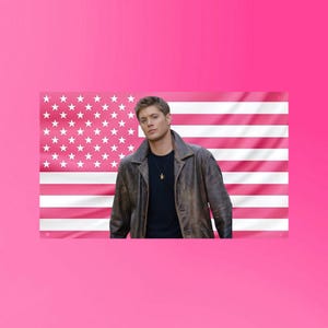 May include: A person wearing a brown leather jacket and a black shirt, with a gold necklace, stands in front of a pink and white American flag. The background is a solid pink color.
