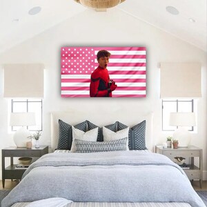 以下が含まれることがあります： 赤と黒のコスチュームを着た人物が、ピンクと白のアメリカ国旗のデザインを背景にした、額入りのキャンバスプリント。アートワークは、グレーの寝具と装飾的な枕を備えたベッドの上に掛けられており、モダンな寝室の美しさを演出しています。