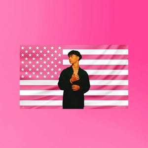 May include: A person wearing a black jacket and gold necklace stands before a pink American flag. The flag features white stripes and white stars in the upper left corner. The background is a solid pink.