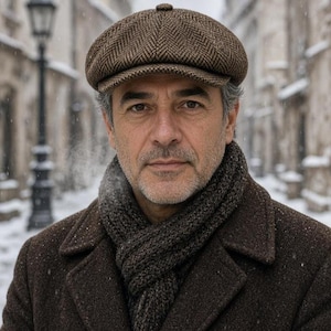 May include: A brown herringbone patterned flat cap with a small top button, paired with a dark brown knit scarf and a matching brown wool coat. The cap features a structured brim and a classic multi-panel construction with a textured weave.