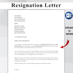 May include: A white document titled "Resignation Letter" with a Word icon and the text "Editable In WORD." The letter includes placeholders for personal and company information, and a space for a signature.