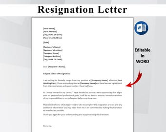 Plantilla de carta de renuncia profesional, aviso de renuncia, carta de renuncia imprimible, Google Docs, Microsoft Word
