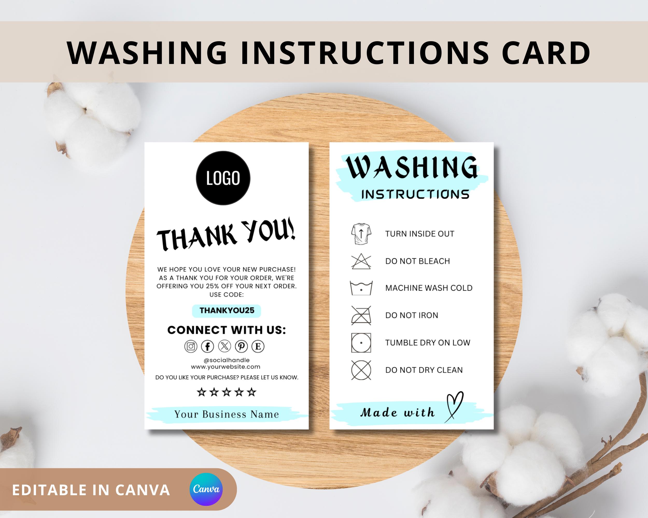 Printable Washing Instructions.pdf Washing Instructions Card Template, Printable Clothing Care Card, Shirt ...