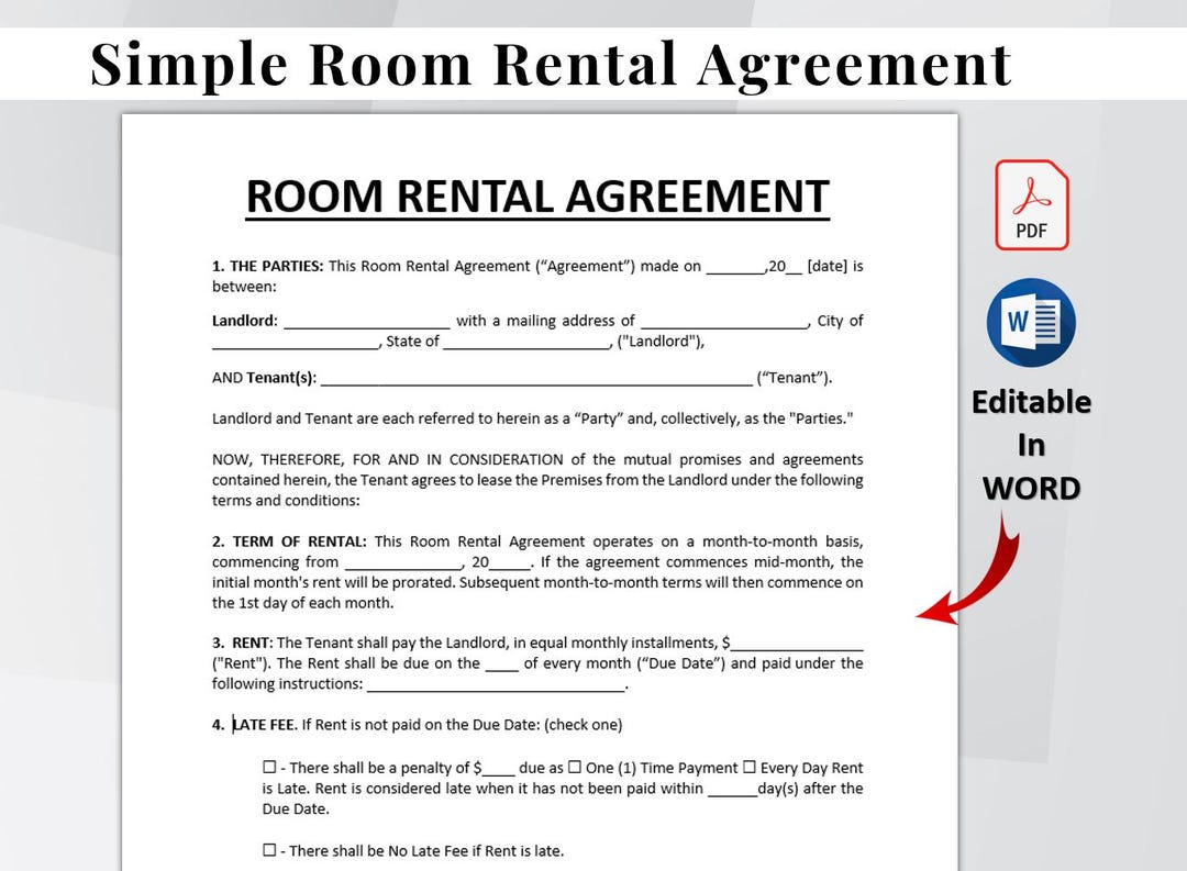Room Rental Agreement Template Editable, Room Tenancy Contract ...