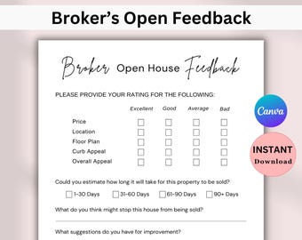 Broker Open Feedback Form Editable, Real Estate Agent Open House Feedback Form, Editable Brokers Open Feedback Questionnaire Canva Template