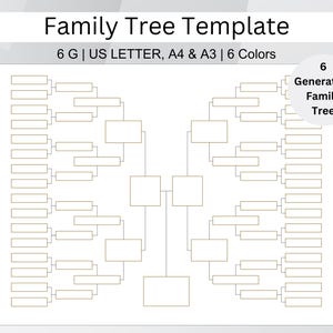 May include: A family tree template with a light beige design. The template includes boxes and lines to organize family history across six generations. Text at the top reads "Family Tree Template" and "6 G | US LETTER, A4 & A3 | 6 Colors". A circular graphic says "6 Generation Family Tree".