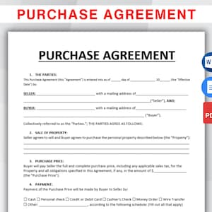 May include: A white purchase agreement form with the title "PURCHASE AGREEMENT" in bold black text. The document includes sections for parties, sale of property, purchase price, and payment methods. Icons for Word, document, and PDF are on the right.