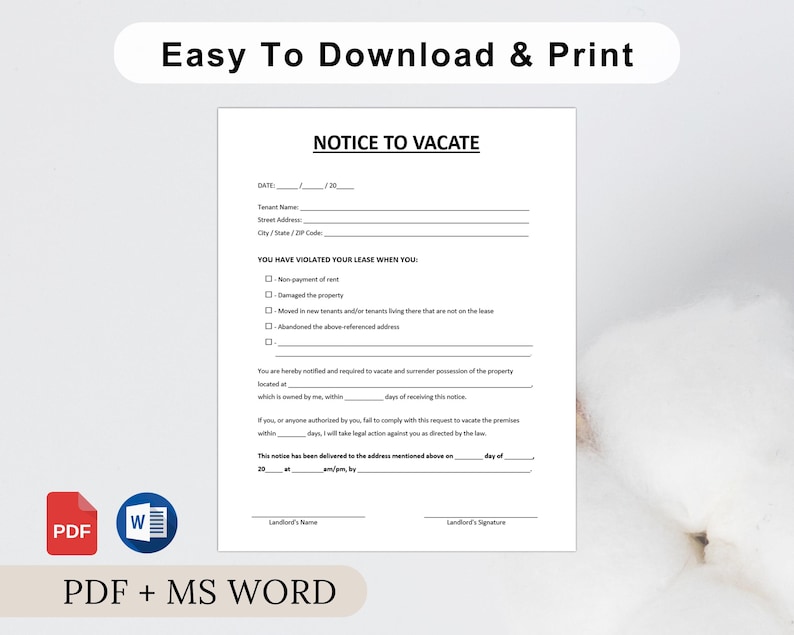 Editable Notice to Vacate Template, Printable Eviction Notice Form ...