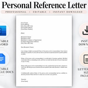 Op de afbeelding: Een digitaal sjabloon voor een persoonlijke referentiebrief met zwarte tekst op een witte achtergrond. Het document bevat tijdelijke aanduidingen voor contactgegevens, ontvangerdetails en de hoofdtekst. Pictogrammen geven de compatibiliteit met Word en Google Docs aan.