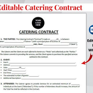 Könnte beinhalten: Eine weiße Catering-Vertragsvorlage mit dem Titel "Editable Catering Contract" in Rot. Das Dokument enthält Abschnitte für Parteien, Veranstaltungsdetails und Teilnehmerinformationen. Ein "Word"-Symbol und ein Pfeil weisen darauf hin, dass das Dokument bearbeitet werden kann.