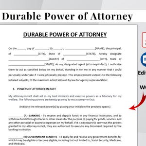 May include: A legal document titled "Durable Power of Attorney" with fillable fields. The document is designed to be editable in Word and available as a PDF. Includes sections for designating an agent and specifying powers.