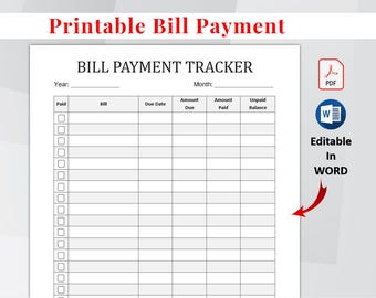 Bill Tracker, Monthly Bill Payment Planner, Bill Organizer, Monthly Bill Calendar, Personal Finance Planner, Editable, Printable, Word, PDF