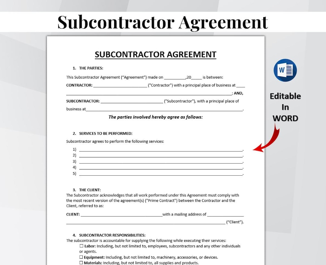 Subcontractor Agreement Template Printable, Editable Construction ...