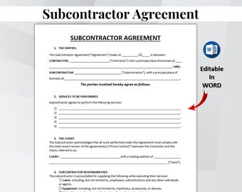 Plantilla de contrato de subcontratista imprimible, formulario de contrato de construcción editable, contrato de contratista independiente, documento legal en PDF y Word.