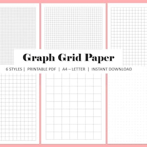 May include: A digital download featuring six styles of graph grid paper. The image shows various grid patterns, including square and dot grids, in a black and white design. The text "Graph Grid Paper" is displayed prominently, along with details about the PDF format.