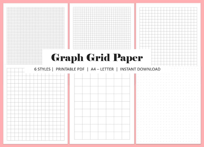 Puede incluir: Una descarga digital que presenta seis estilos de papel de cuadr&iacute;cula. La imagen muestra varios patrones de cuadr&iacute;cula, incluyendo cuadr&iacute;culas cuadradas y de puntos, en un dise&ntilde;o en blanco y negro. El texto "Graph Grid Paper" se muestra, junto con detalles sobre el formato PDF.
