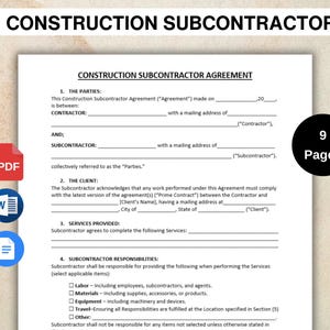 May include: A white Construction Subcontractor Agreement document with the title at the top. The document includes sections for parties, client, services, and responsibilities. A black circle with the text "9 Pages" is on the right. PDF, Word, and document icons are on the left.