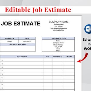 Puede incluir: Un documento blanco titulado "JOB ESTIMATE" con secciones para los detalles de la estimación, los datos del cliente y una tabla para descripciones detalladas. El documento incluye el texto "Editable Job Estimate" y "Editable In WORD".