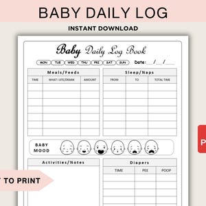 Może przedstawiać: Czarno-biały Baby Daily Log Book do wydrukowania z sekcjami na posiłki, sen, nastrój, aktywności i pieluchy. Tekst "Baby Daily Log" i "Instant Download" znajdują się na górze. Słowa "Easy to Print" znajdują się w lewym dolnym rogu.