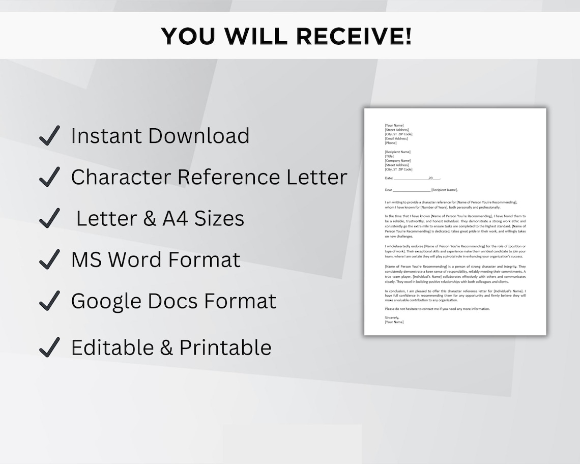 Character Reference Letter Template Printable, Professional ...