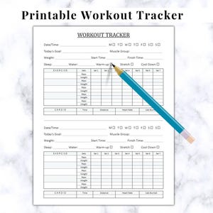 May include: A printable workout tracker sheet with sections for exercise, cardio, and daily goals. The sheet includes spaces for sets, reps, and weight, with a pencil resting on the page.