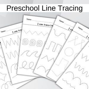 Può includere: Un gruppo di fogli di lavoro bianchi per il tracciamento di linee prescolari. Ogni foglio presenta motivi a tratteggio per il tracciamento, tra cui zigzag, onde e spirali. Il testo "Preschool Line Tracing" è in alto.
