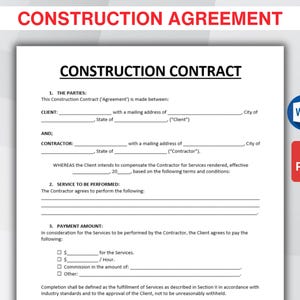 以下が含まれることがあります： 太字の黒い文字で「CONSTRUCTION CONTRACT」というタイトルの白い建設契約書。このドキュメントには、クライアントと請負業者の情報、サービスの詳細、および支払い金額のセクションが含まれています。青いMicrosoft Wordアイコンと赤いPDFアイコンが画像にあります。
