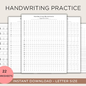 Op de afbeelding: Werkbladen voor handschriftpraktijk met hoofdletters en kleine letters. De afbeelding toont meerdere pagina's met oefeningen voor het traceren van letters, inclusief de tekst "22 Worksheets" en "Instant Download - Letter Size".