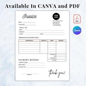 May include: A white invoice template with a pink header and footer. The text "Invoice" is at the top, with fields for date, invoice number, and customer details. The words "Available In CANVA and PDF" are at the top.