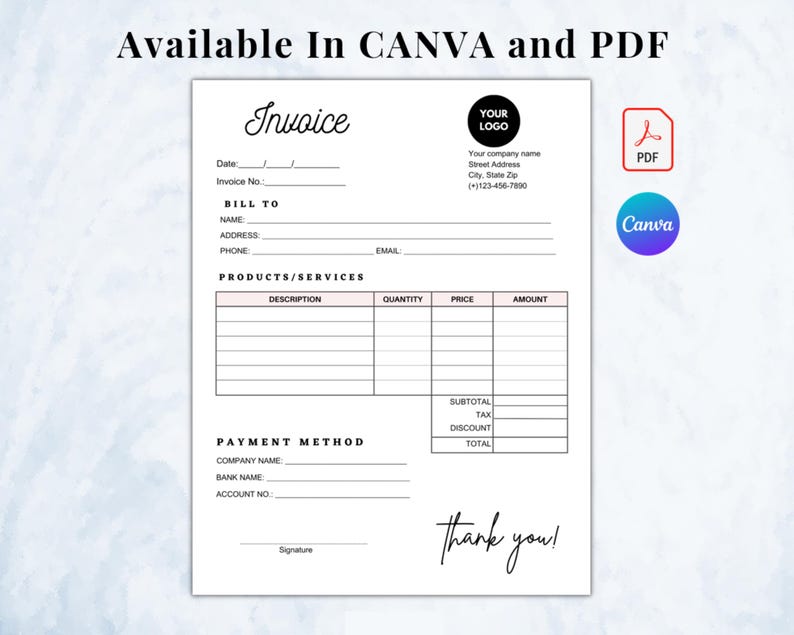 May include: A white invoice template with a pink header and footer. The text "Invoice" is at the top, with fields for date, invoice number, and customer details. The words "Available In CANVA and PDF" are at the top.
