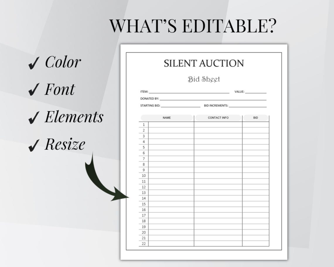 Silent Auction Sign up Sheet, Silent Auction Bid Sheet Template ...