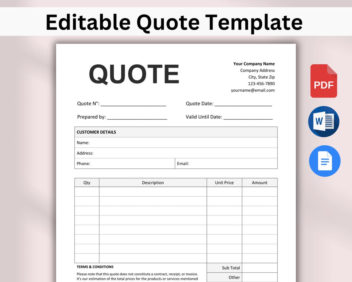 Quote Template Printable, Editable Quote Form for Small Business, Job ...