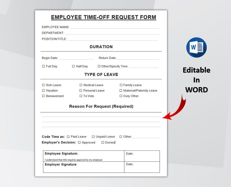 Employee Time off Request Template, PTO Vacation Leave Form, Editable ...