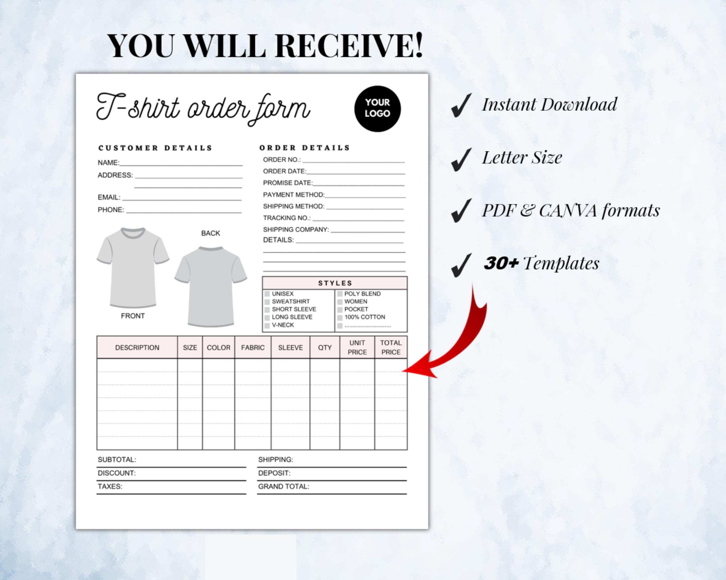 Printable Small Business Form, Editable Order Forms Bundle, Tshirt ...