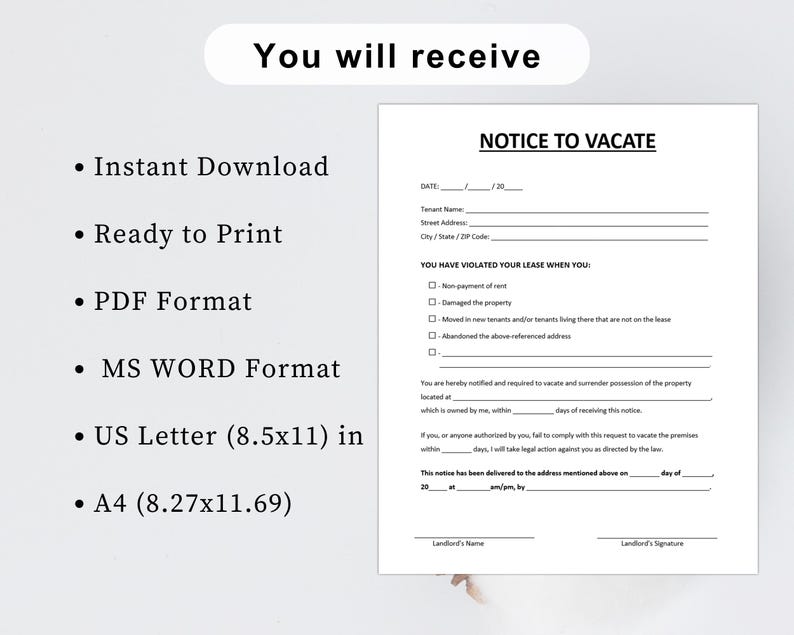 Editable Notice to Vacate Template, Printable Eviction Notice Form ...
