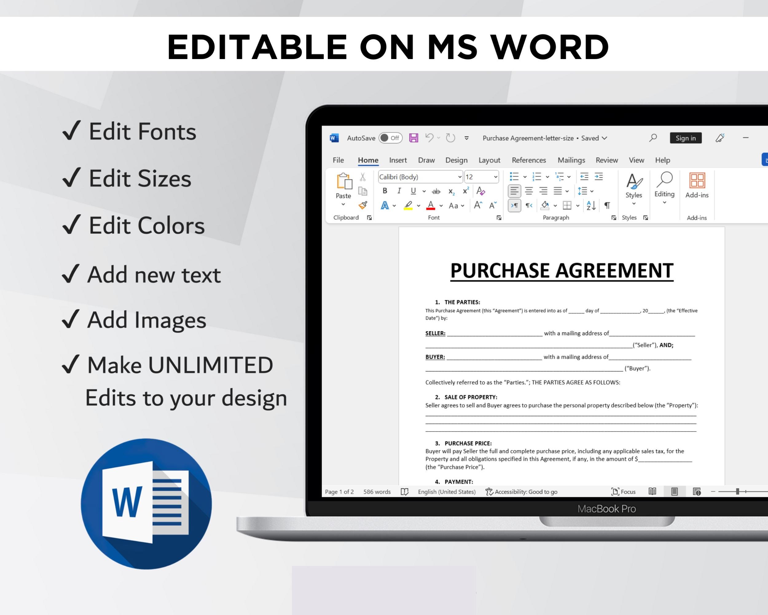 Simple Purchase Agreement Template Printable, Editable Property ...