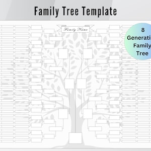 Peut inclure: Un modèle d'arbre généalogique blanc avec un motif d'arbre et de l'espace pour huit générations. Le texte "Family Tree Template" est en haut, et une bannière indique "Family Name". Un cercle bleu indique "8 Generation Family Tree".