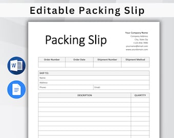 Bearbeitbare Packzettelvorlage, druckbare Packliste für kleine Unternehmen, Google Docs & Word
